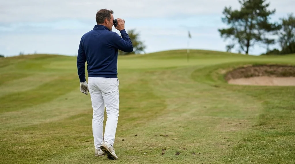 Golfer holding a laser rangefinder steadily while checking a flag on an elevated green.