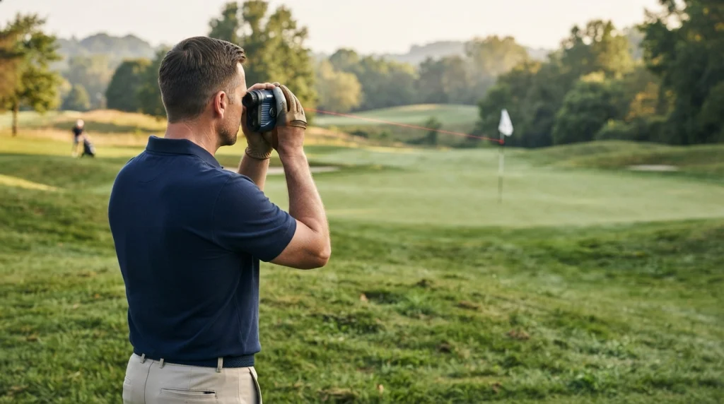 Golfer aiming a laser golf rangefinder toward a distant flagstick on a green.