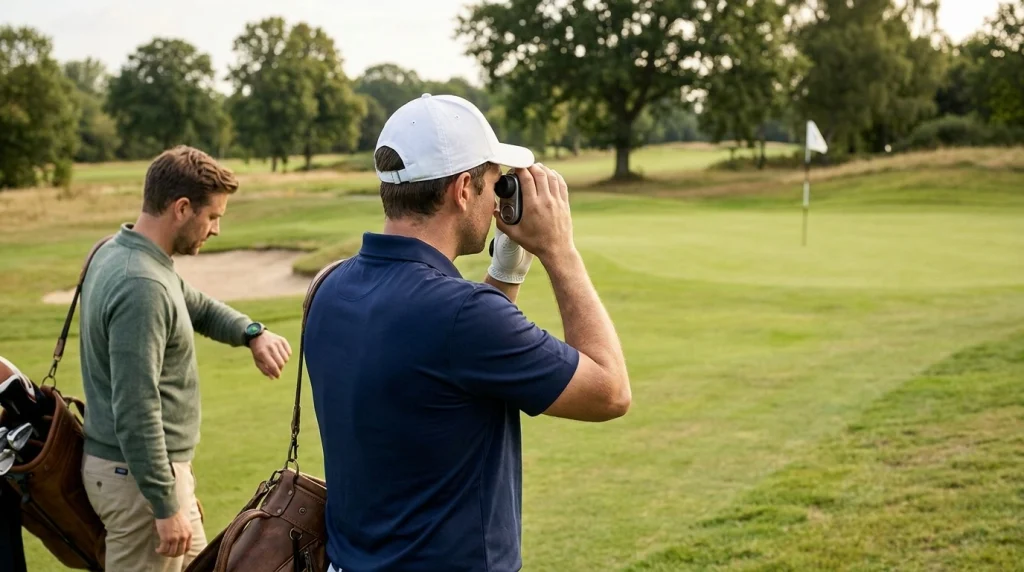 Golfer aiming a laser rangefinder at a flag while another checks a GPS golf watch.