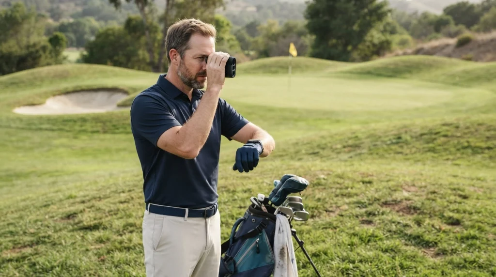 Golfer using a laser rangefinder while wearing a GPS watch near a golf green.