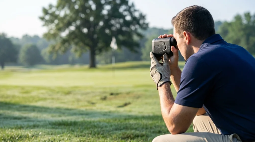 Golfer aiming a laser rangefinder toward a distant golf flag across an open fairway.