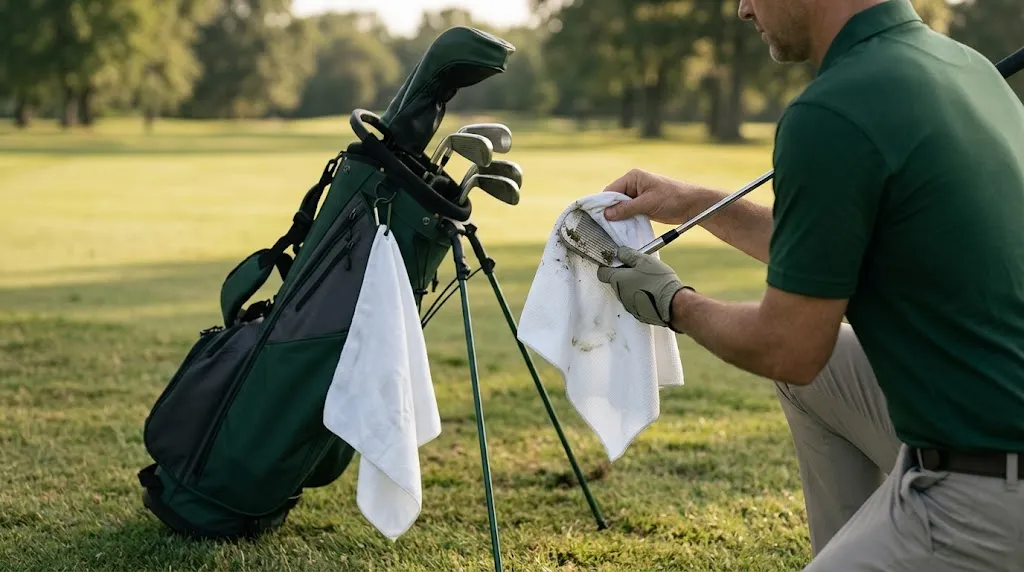 Golfer wiping grass and dirt from an iron clubface with a microfiber towel beside a stand bag