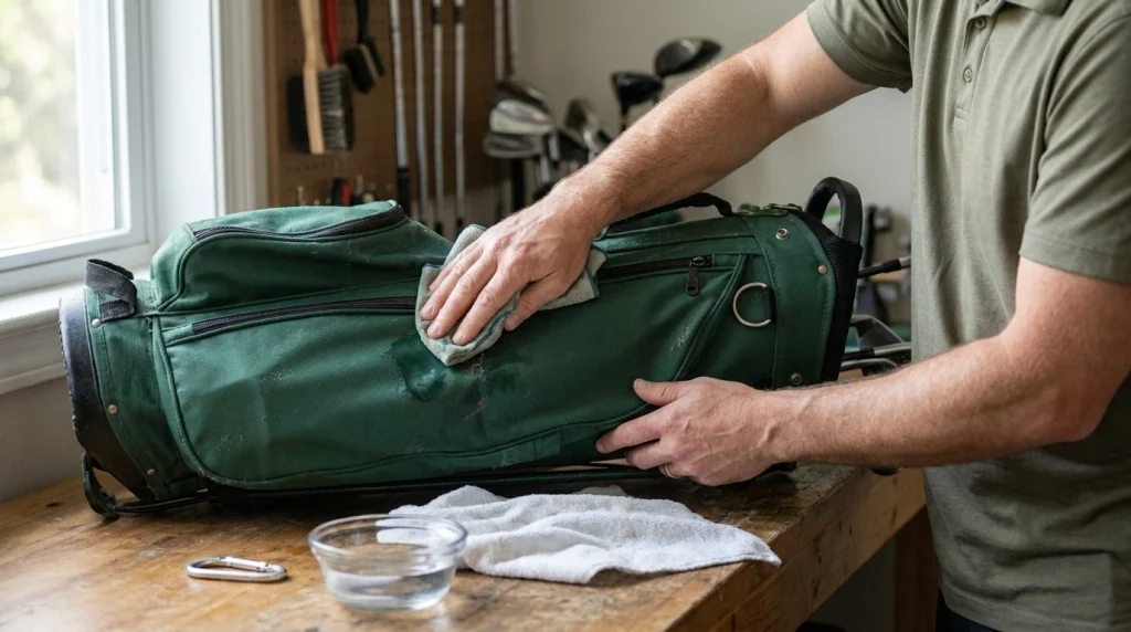 Golfer cleaning scuff marks near a golf bag towel ring with a microfiber cloth on a wooden workbench.