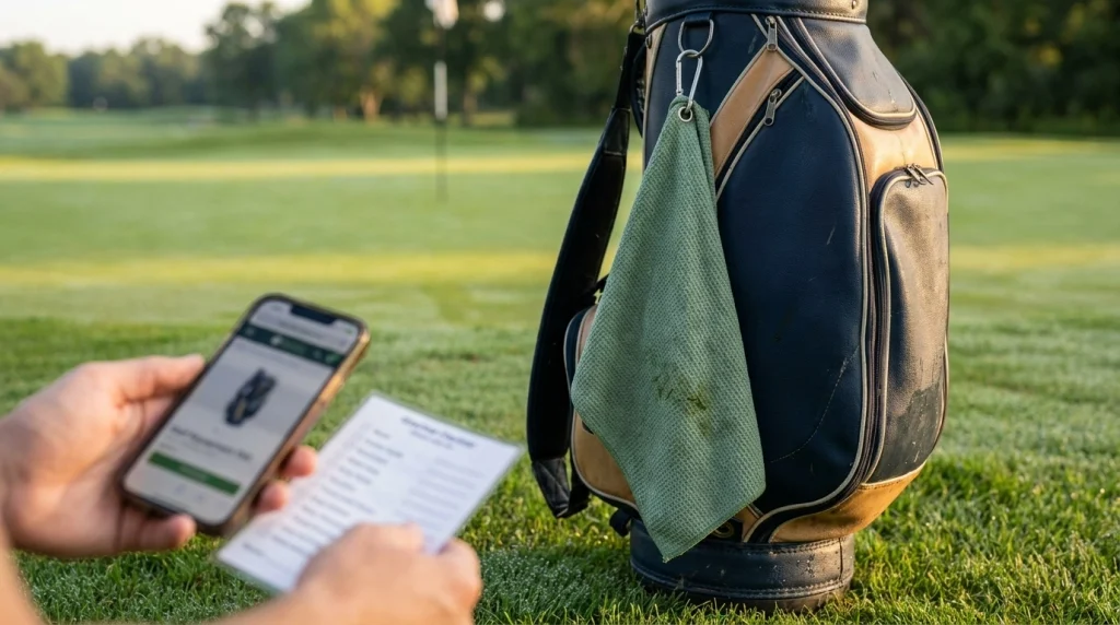 Unbranded golf towel beside equipment research materials, illustrating Scottie Scheffler golf towel verification.