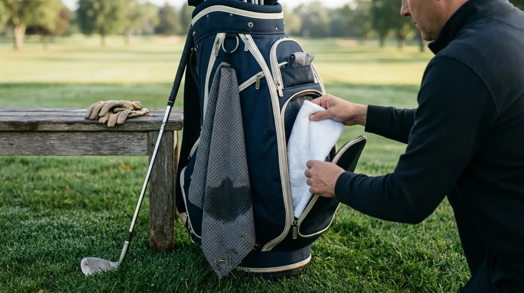 Golfer arranging a damp microfiber cleaning towel and a protected dry towel in a golf bag.