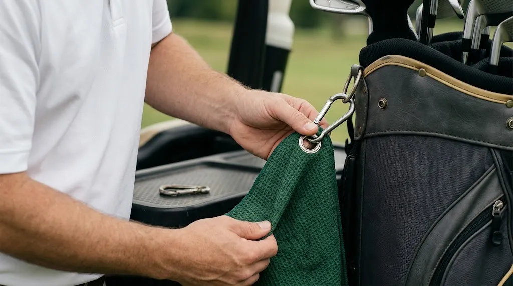 Close-up of a golfer checking a secure carabiner and grommet to stop a golf towel falling off