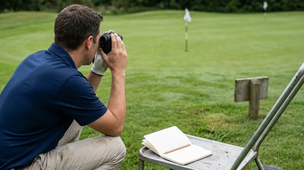 Golfer checking a laser rangefinder against a known-distance marker near a practice green.