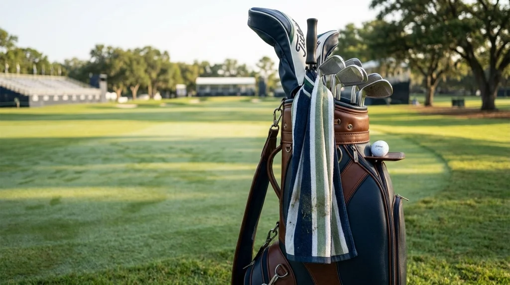 A striped golf bag towel beside clubs on a championship course, illustrating the Tiger Woods golf towel question.