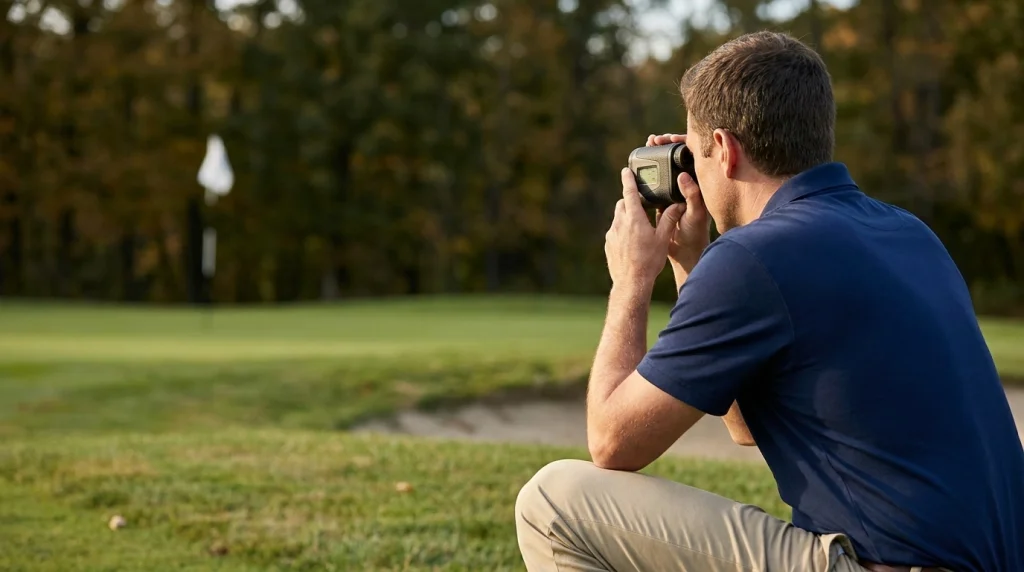 Golfer aiming a laser rangefinder at a flagstick backed by trees.