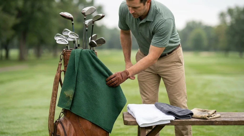 Large waffle-weave microfiber golf towel draped over a caddie's bag beside cotton and compact towels.