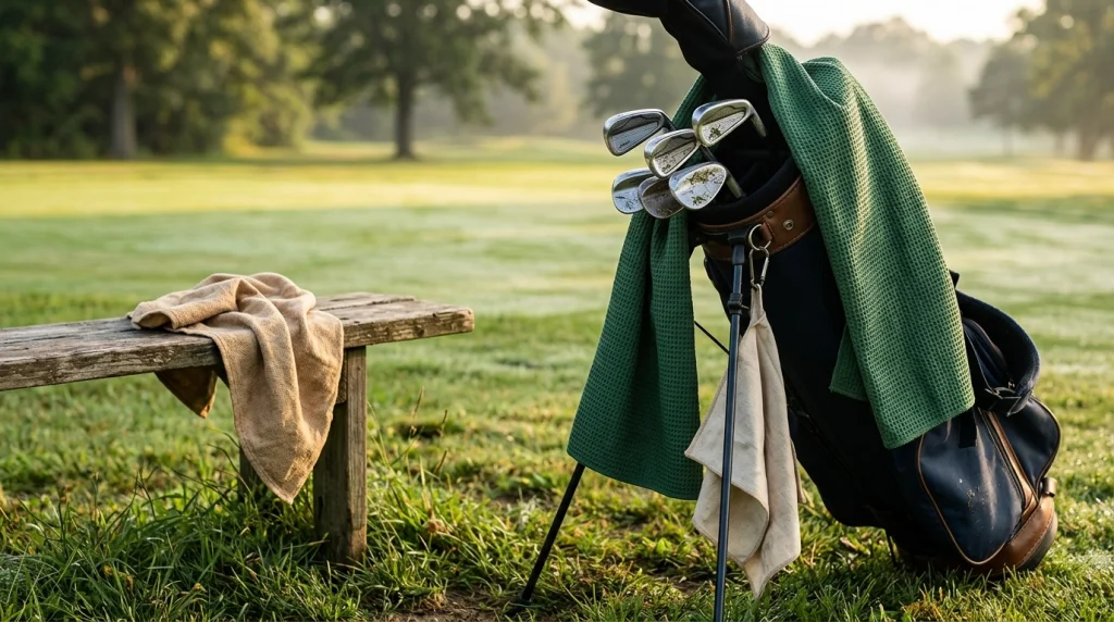 Large waffle-weave microfiber tour towel and compact golf towels arranged beside a golf bag