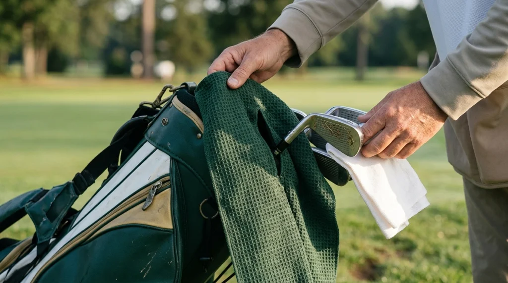 Caddie arranging a waffle-weave golf towel beside an iron and professional golf bag.