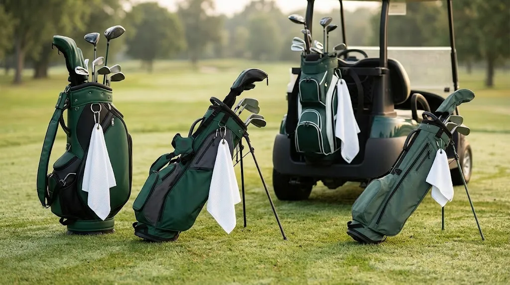 Stand, cart, Sunday and staff golf bags with towels attached in suitable positions.