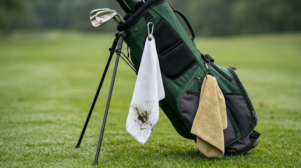 Golf bag holding separate damp cleaning and dry grip towels above wet grass.