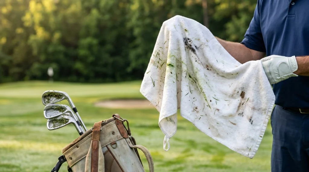 Golfer inspecting a white golf towel with visible grass stains beside an iron and golf bag.